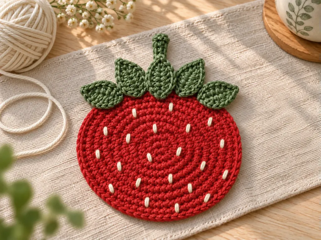 Crochet strawberry coaster with cream embroidered seed stitches