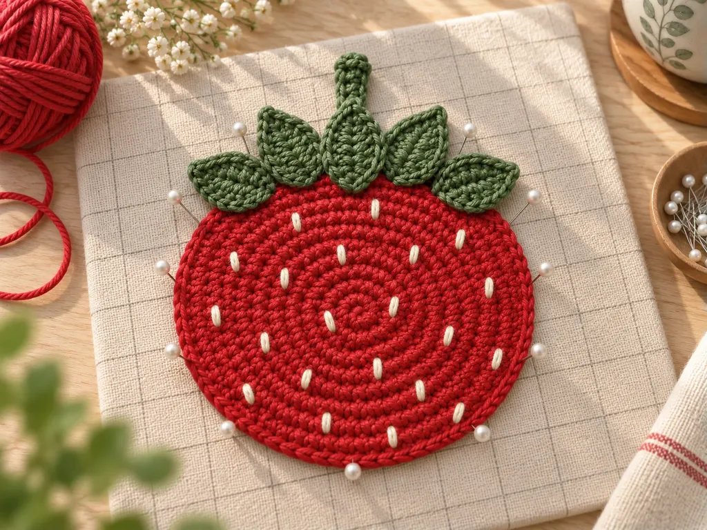 Finished crochet strawberry coaster pinned flat for blocking
