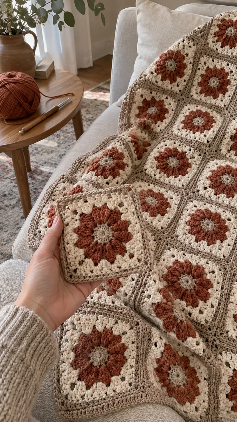 Terracotta Flower-Square Throw: Color and Joining Guide — AI-generated design illustration
