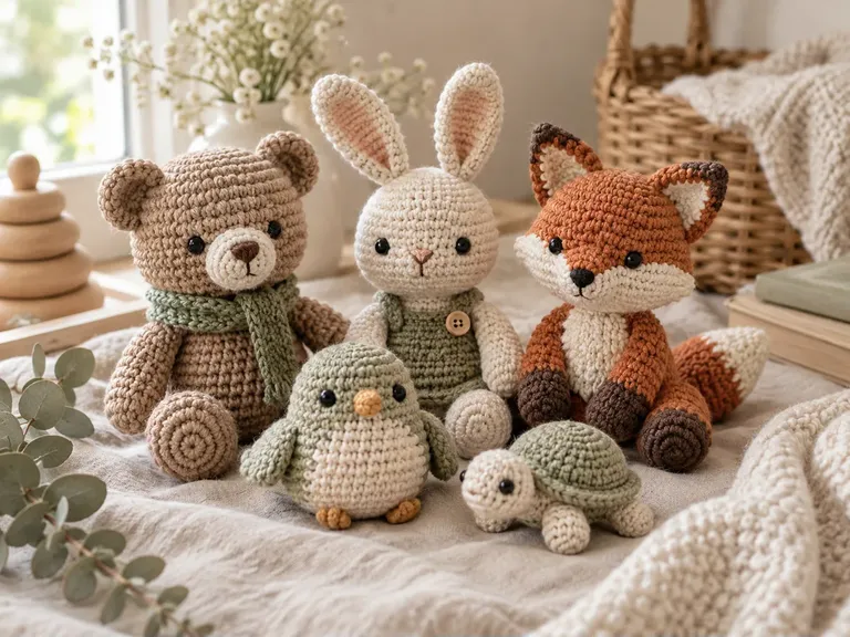 Crocheted amigurumi animals sitting together on a cozy linen blanket