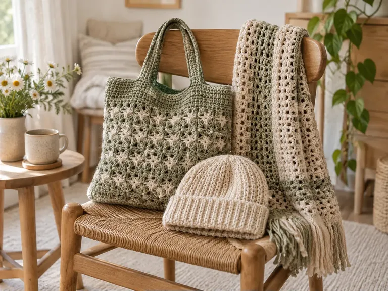 A crochet tote bag, beanie and scarf on a wooden chair